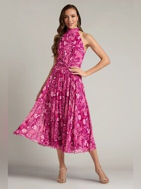 TADASHI SHOJI - KYRENE FLORAL PLEATED HALTER MIDI DRESS